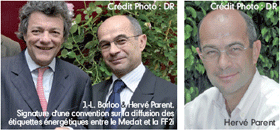 J.-L. Borloo & Hervé Parent.Signature d'une convention sur la diffusion des étiquettes énergétiques entre le Medat et la FF2i J.-L. Borloo & Hervé Parent. Signature d'une convention sur la diffusion des étiquettes énergétiques entre le Medat et la FF2i